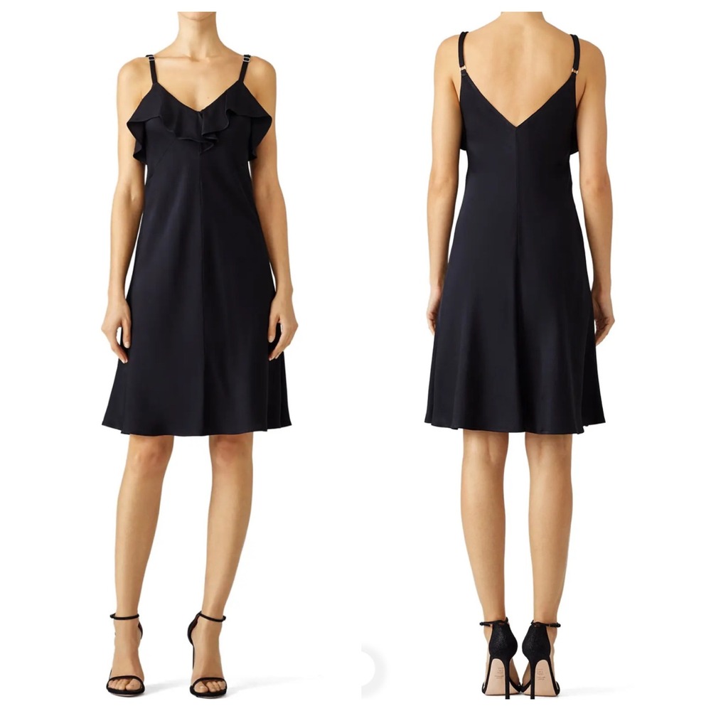 ALC Kinley Dress Women 6 Black Ruffle V-Neck Midi Slip Minimalist LBD